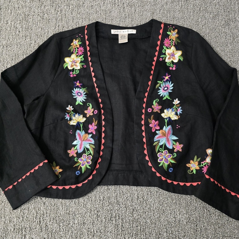 Peter‎ Martin 100% Linen Floral Embroidered Bolero Jacket Colorful Artisan Sz 10